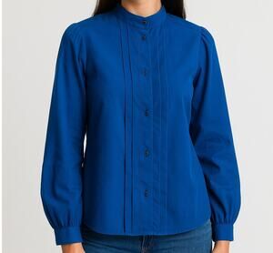 Vintage Bedford Fair Blue Button Front Blouse Polyester Size 14
